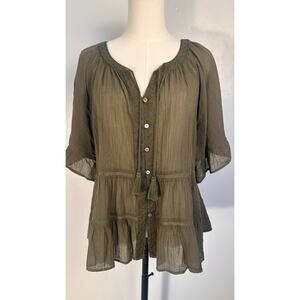 J. Jill Olive Semi-Sheer Gauze Top | Boho Tassels & Embroidery SZ M Petite